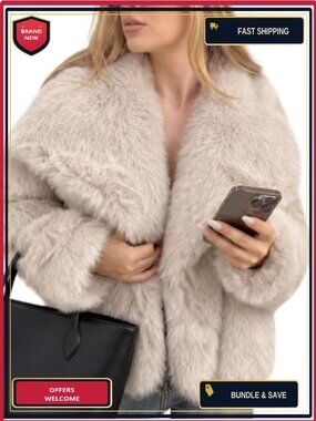 Faux Fur Coat Fluffy Shaggy Furry Jacket Shawl Collar Oversized Winter